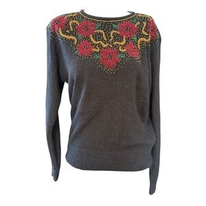 Karen Scott Holiday Sweater Medium Black with Red Gold Floral Beading Silk Wool